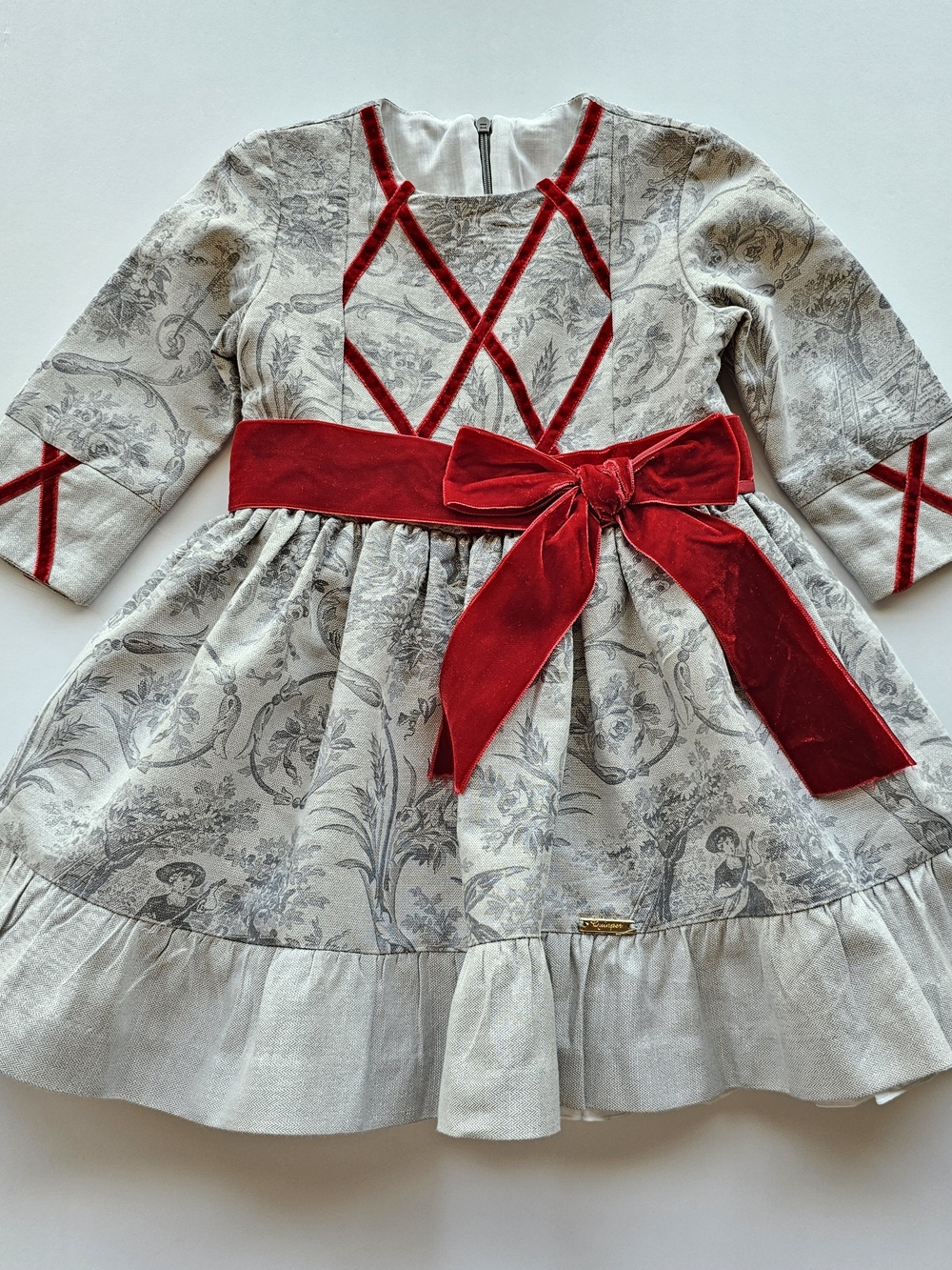 Quinper Grey & White Printed Scene Stylish Dress Red Velvet Bow & Trim, Pleated